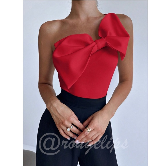 Red Large Bow One Shoulder Bodysuit Slim Fit Asymmetrical - Picture 7 of 8